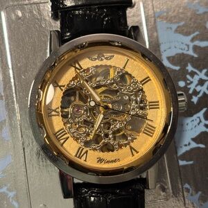 Unisex Winner Gold Skeleton Dial Watch with Black Leather Strap